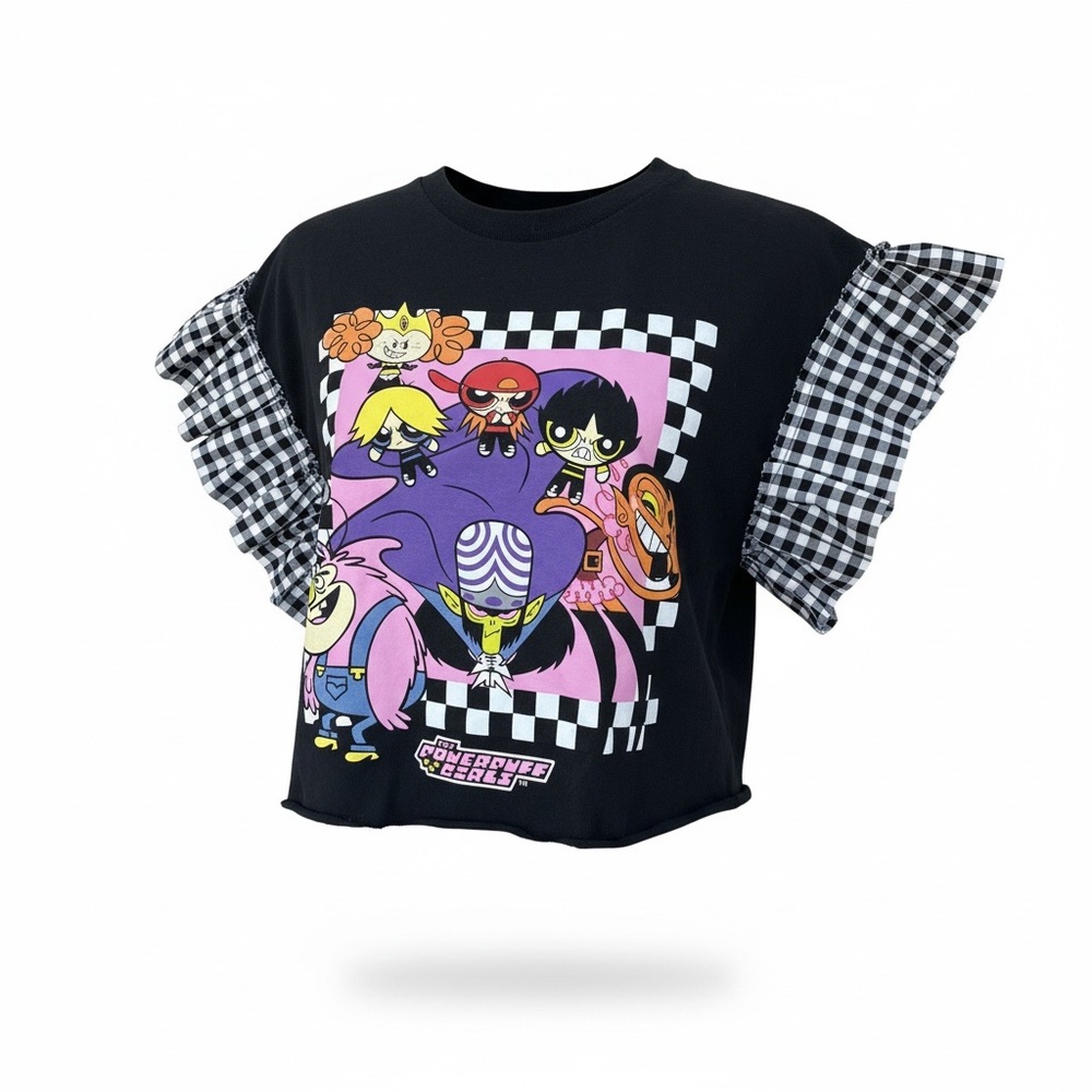 Powerpuff Girls Cropped Tee with Checkered Ruffled Sleeves